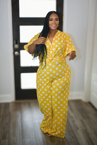 Plus size Yellow polka dot pant jumpsuit with pocket
